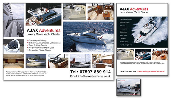 Poster leaflet and flyer for Ajax Adventures Luxury Motor Yacht Charter