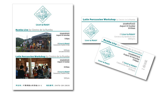 Posters and ticket for Leaf and Root cafe